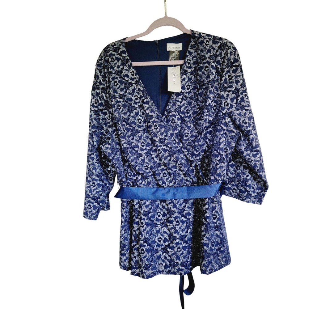 Catherine's Women's 2X Shirt LS V-Neck Blue Silver Sparkle Tie Waist NWT $119‎